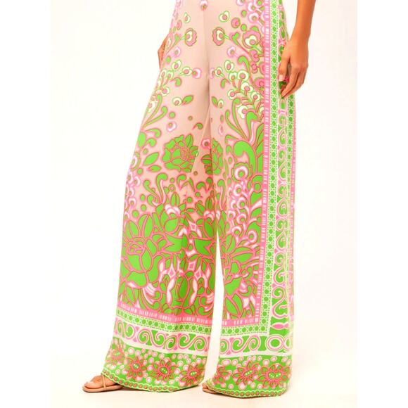 TRINA TURK Federer Wide-Leg Flowy Pant | sz 8, Petra Floral - Bright Green Pink - Picture 3 of 12